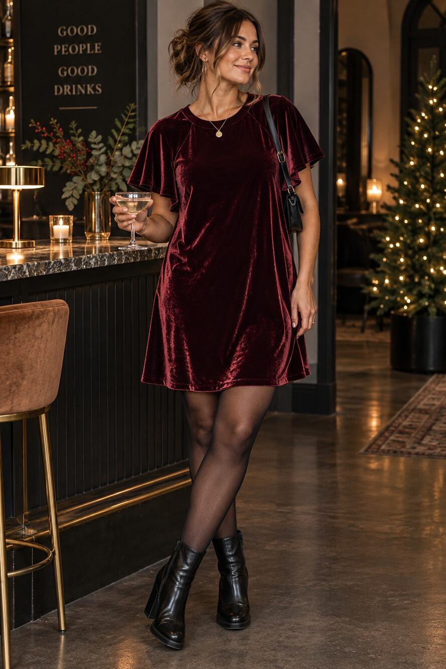 Worthington Burgundy Velvet Flutter Sleeve Dress Size Medium NWT